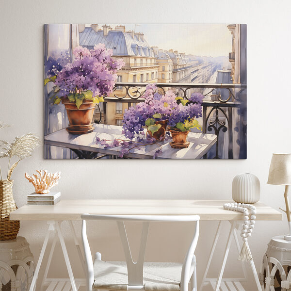 Aquarellmalerei eines Balkons mit lila Blumen Wandbilder Aquarellmalerei eines Balkons mit lila Blumen
