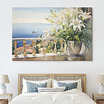 Wandbilder Gemälde eines Balkons mit Blick auf eine Stadt und ein Meer