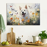 Wandbilder Weißer Hund mit Schmetterlingen in einem Blumenfeld