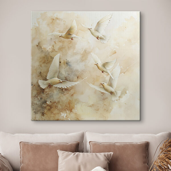 Wandbilder Gruppe von weißen Vögeln fliegt