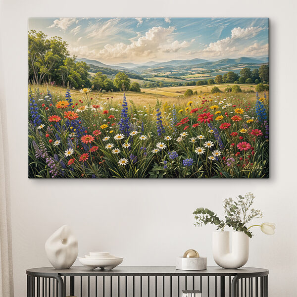 Blumenfeld mit Bergen im Hintergrund Wandbilder Blumenfeld mit Bergen im Hintergrund