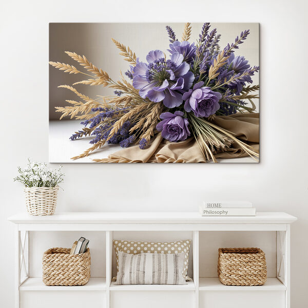 Blumenstrauß aus lila Blumen und Weizen Wandbilder Blumenstrauß aus lila Blumen und Weizen
