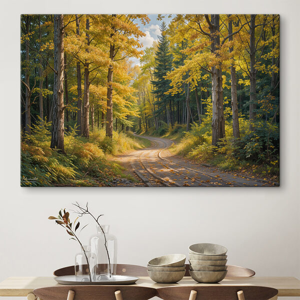 Straße durch einen Wald mit gelben Blättern Wandbilder Straße durch einen Wald mit gelben Blättern