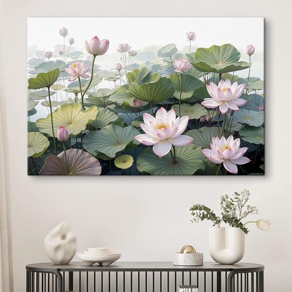 Gruppe von rosa Blüten und grünen Blättern Wandbilder Gruppe von rosa Blüten und grünen Blättern