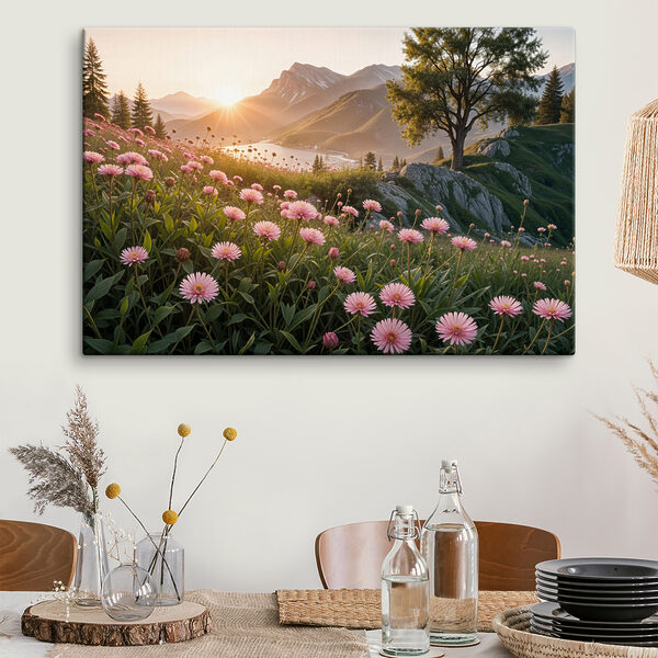 Feld von rosa Blumen mit einem Baum und Bergen im Hintergrund Wandbilder Feld von rosa Blumen mit einem Baum und Bergen im Hintergrund