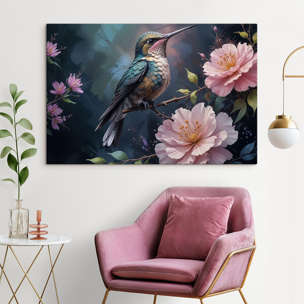 Vogel auf einem Zweig mit Blumen sitzend Wandbilder Vogel auf einem Zweig mit Blumen sitzend