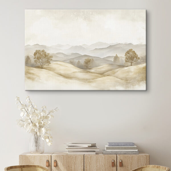 Hügellandschaft mit Bäumen und Bergen im Hintergrund Wandbilder Hügellandschaft mit Bäumen und Bergen im Hintergrund