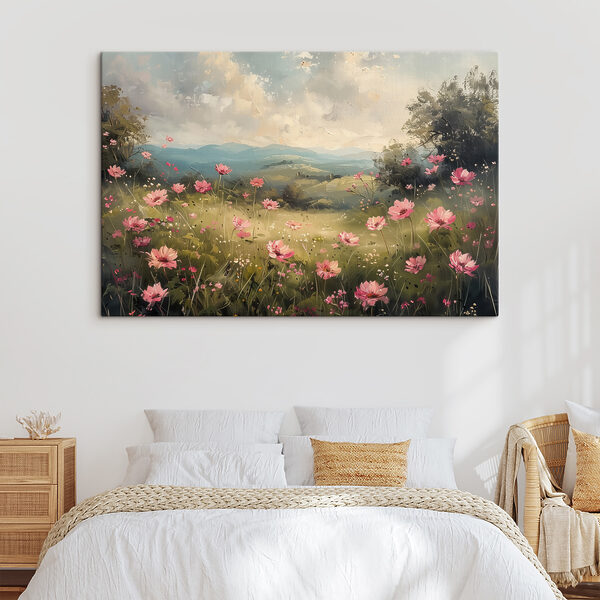 Gemälde eines Feldes mit rosa Blumen Wandbilder Gemälde eines Feldes mit rosa Blumen