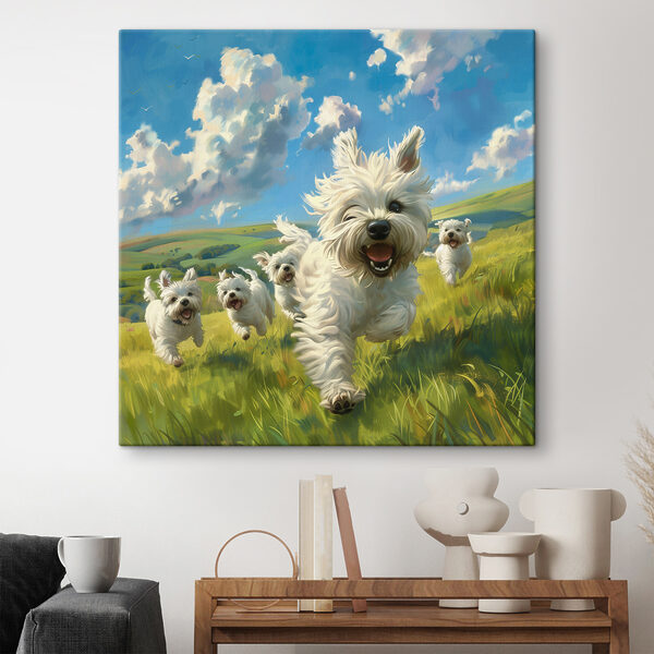 Gruppe von weißen Hunden, die in einem Feld laufen Wandbilder Gruppe von weißen Hunden, die in einem Feld laufen