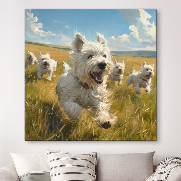 Gruppe von weißen Hunden, die in einem Feld laufen Wandbilder Gruppe von weißen Hunden, die in einem Feld laufen