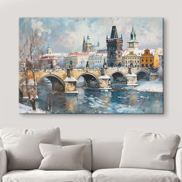 Brücke über Wasser mit Gebäuden und Schnee Wandbilder Brücke über Wasser mit Gebäuden und Schnee