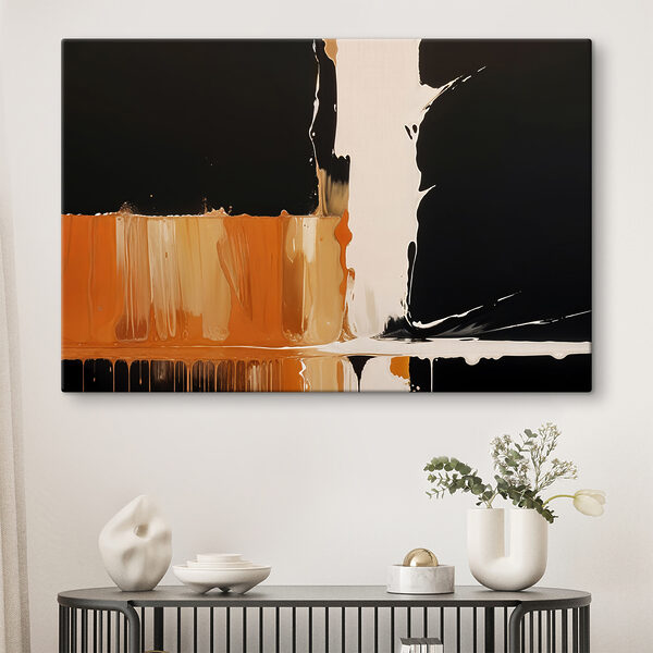 Weiße und orange Farbe tropft auf eine schwarze Oberfläche Wandbilder Weiße und orange Farbe tropft auf eine schwarze Oberfläche