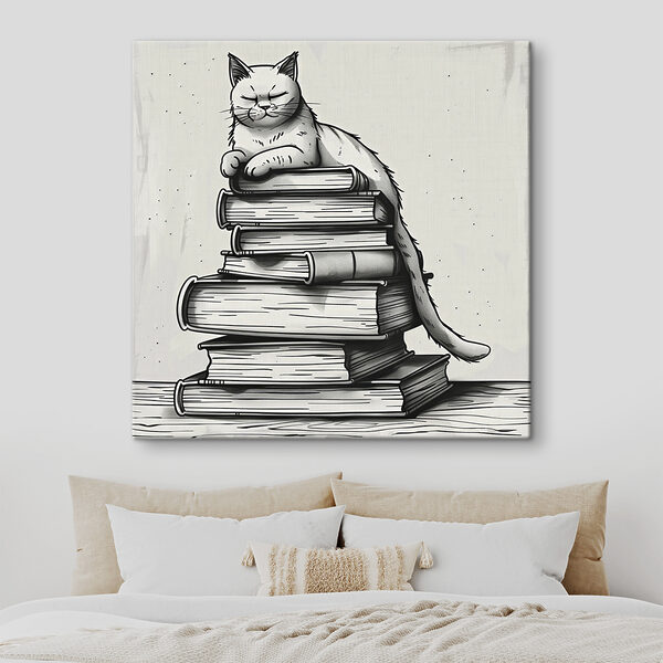 Katze sitzt auf einem Bücherstapel Wandbilder Katze sitzt auf einem Bücherstapel