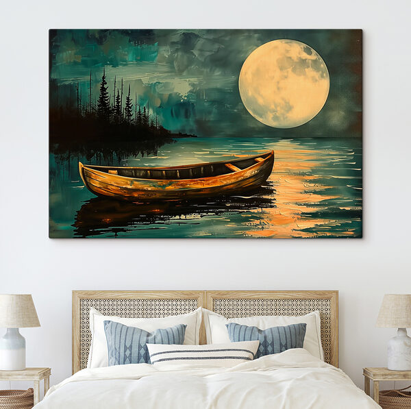 Boot auf dem Wasser mit Vollmond im Hintergrund Wandbilder Boot auf dem Wasser mit Vollmond im Hintergrund
