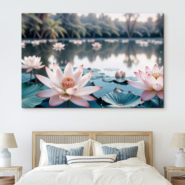 Rosa und weiße Blumen auf einem See Wandbilder Rosa und weiße Blumen auf einem See