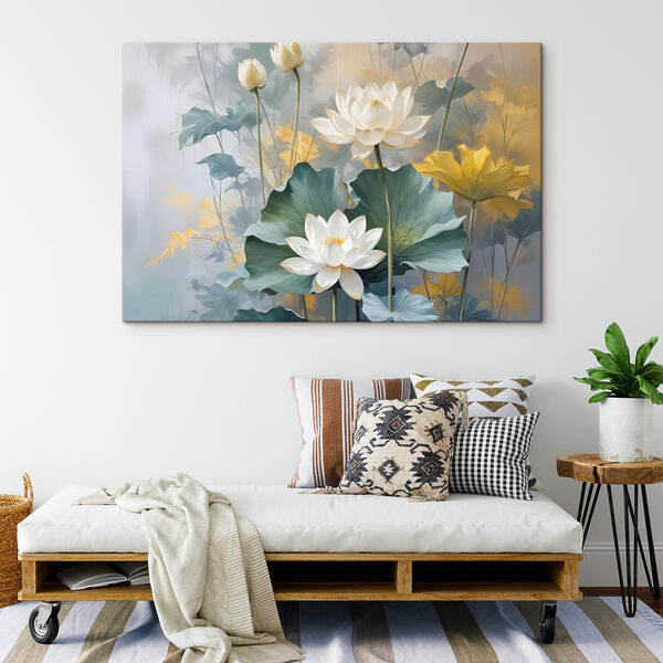 Gemälde mit weißen Blumen und grünen Blättern Wandbilder Gemälde mit weißen Blumen und grünen Blättern