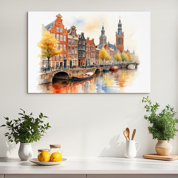 Aquarell eines Kanals mit Booten und Gebäuden Wandbilder Aquarell eines Kanals mit Booten und Gebäuden