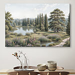 Wandbilder See mit Bäumen, Gras und Blumen