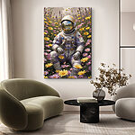 Wandbilder Astronaut in einem Blumenfeld sitzend