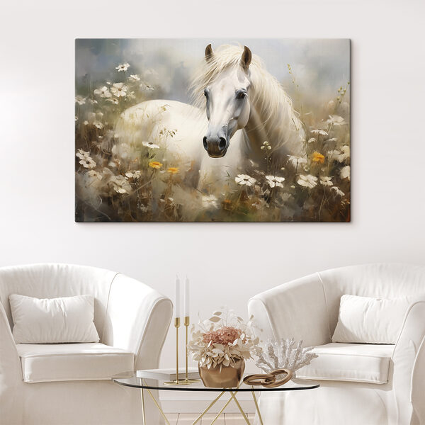 Weißes Pferd in einem Blumenfeld Wandbilder Weißes Pferd in einem Blumenfeld
