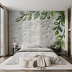 Fototapeten Weiße Oberfläche mit grünen Blättern