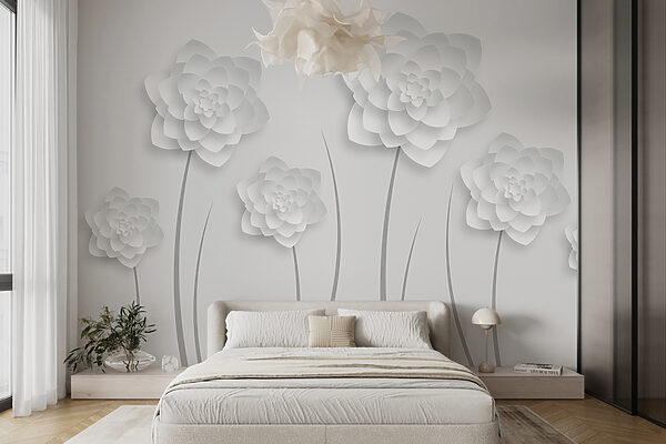 Weiße Papierblumen auf weißem Hintergrund Fototapeten Weiße Papierblumen auf weißem Hintergrund