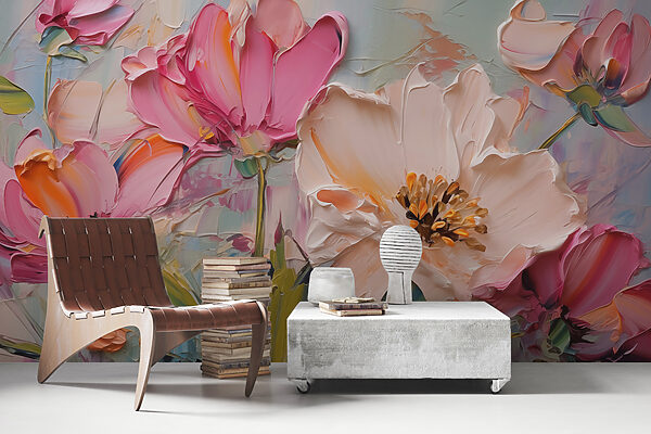 Fototapeten Gemälde von Blumen auf einer Leinwand