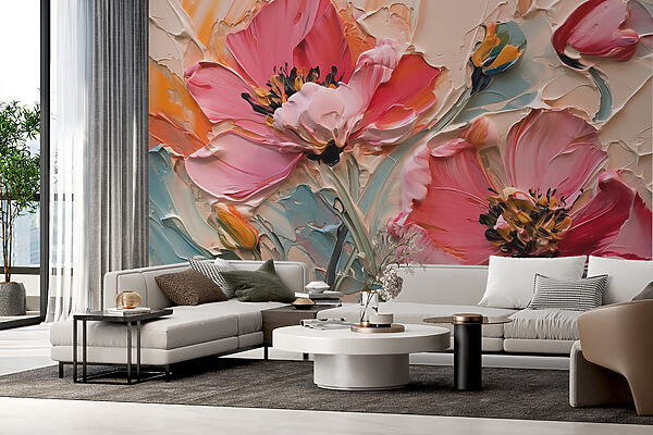 Gemälde von Blumen auf einer Leinwand Fototapeten Gemälde von Blumen auf einer Leinwand