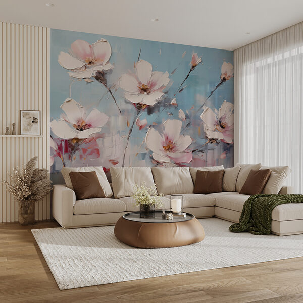 Gemälde mit Blumen auf blauem Hintergrund Fototapeten Gemälde mit Blumen auf blauem Hintergrund
