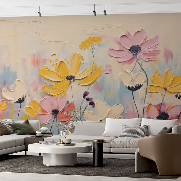 Malerei von Blumen auf einer weißen Fläche Fototapeten Malerei von Blumen auf einer weißen Fläche