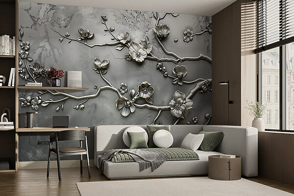 Fototapeten Silbernes Blumenmuster an einer Wand