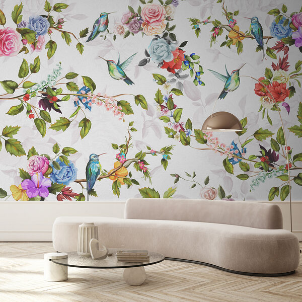 Tapete mit Blumen und Vögeln Fototapeten Tapete mit Blumen und Vögeln