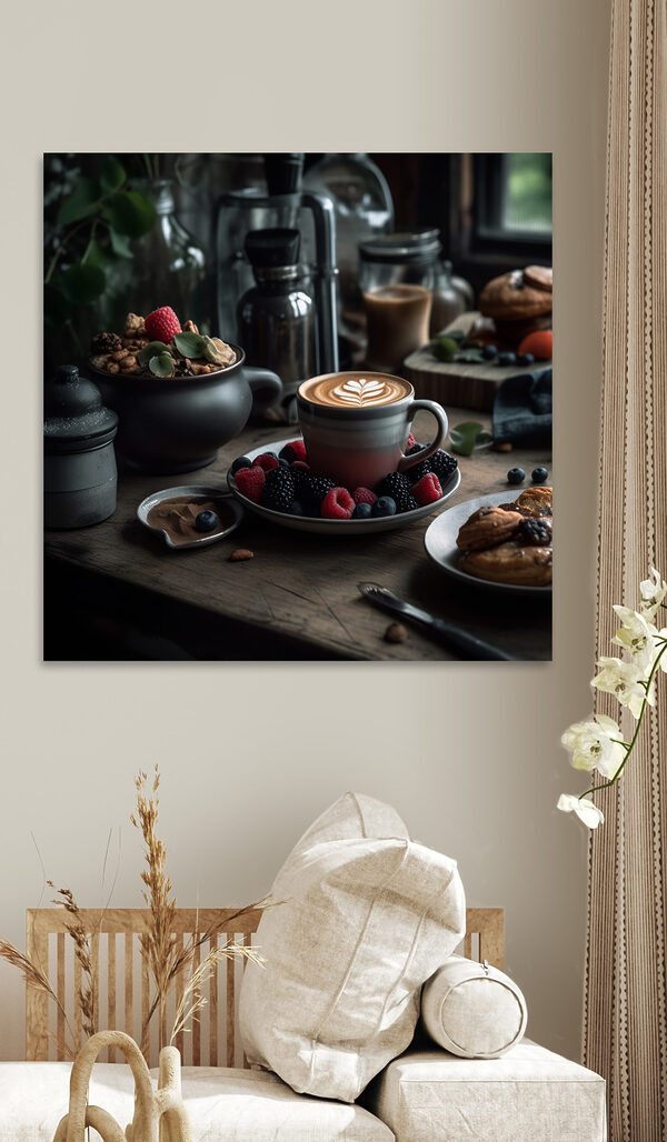 Tasse Kaffee mit Latte Art auf einem Teller mit Obst und Müsli Wandbilder Tasse Kaffee mit Latte Art auf einem Teller mit Obst und Müsli