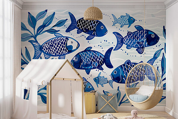 Gruppe von blauen Fischen schwimmt im Wasser Fototapeten Gruppe von blauen Fischen schwimmt im Wasser