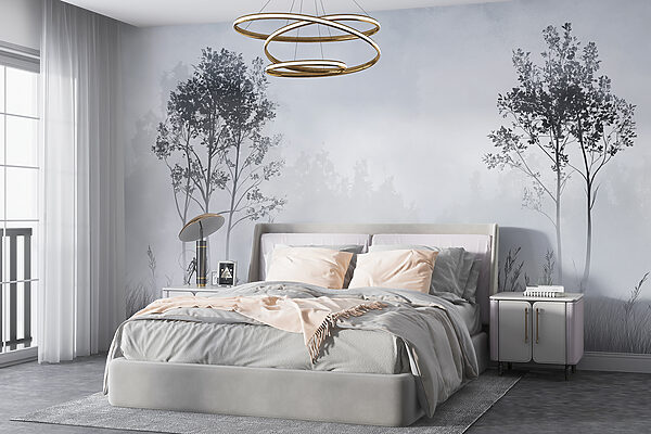 Fototapeten Neblige Landschaft mit Bäumen und Gras