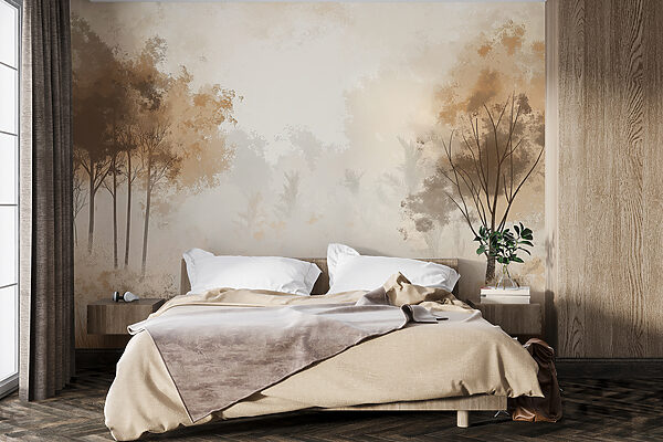 Fototapeten Nebliger Wald mit Bäumen und Gras