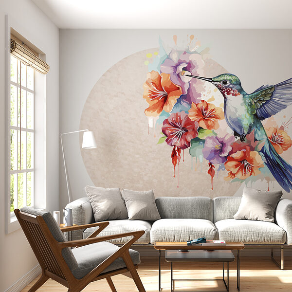 Kolibri fliegt über Blumen Fototapeten Kolibri fliegt über Blumen