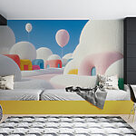 Fototapeten Landschaft mit Ballons und Gebäuden