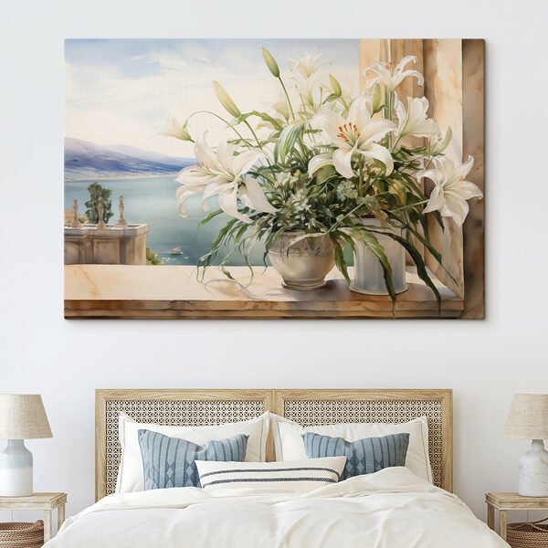 Gemälde eines weißen Blumentopfs mit weißen Blumen Wandbilder Gemälde eines weißen Blumentopfs mit weißen Blumen
