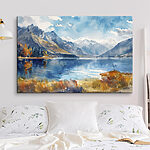 Wandbilder Aquarellmalerei eines Sees, umgeben von Bergen und Wolken