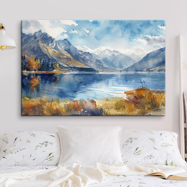Aquarellmalerei eines Sees, umgeben von Bergen und Wolken Wandbilder Aquarellmalerei eines Sees, umgeben von Bergen und Wolken