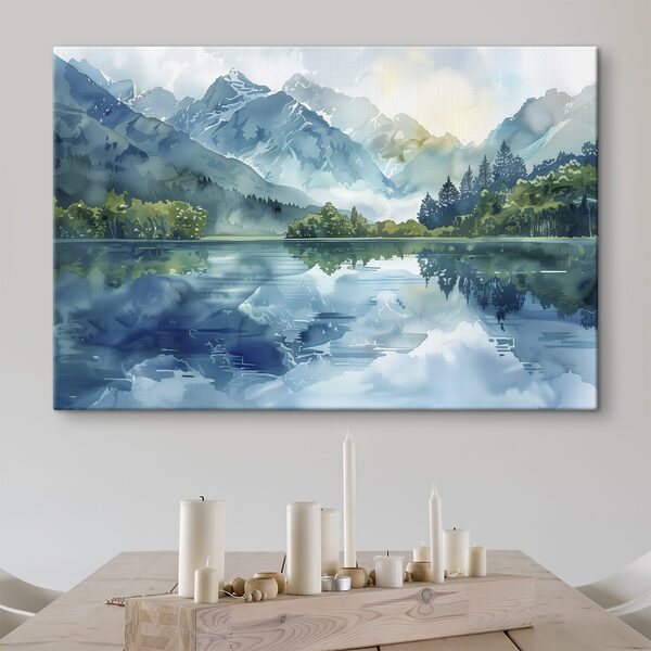Wasserbild eines Sees mit Bäumen und Bergen im Hintergrund Wandbilder Wasserbild eines Sees mit Bäumen und Bergen im Hintergrund