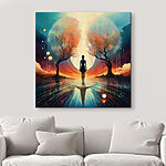 Wandbilder Frau, die auf einer spiegelnden Fläche mit Bäumen und einem großen Mond steht