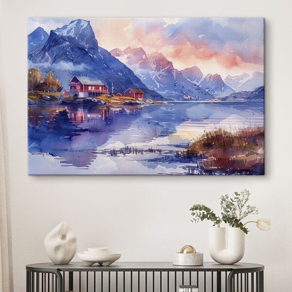 Aquarell eines Hauses auf einem Hügel neben einem See Wandbilder Aquarell eines Hauses auf einem Hügel neben einem See