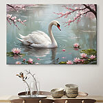 Wandbilder Weißer Schwan im Wasser mit rosa Blumen
