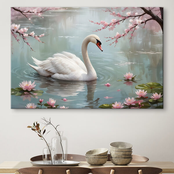 Weißer Schwan im Wasser mit rosa Blumen Wandbilder Weißer Schwan im Wasser mit rosa Blumen