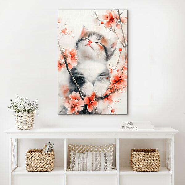 Katze sitzt auf einem Baum mit Blumen Wandbilder Katze sitzt auf einem Baum mit Blumen
