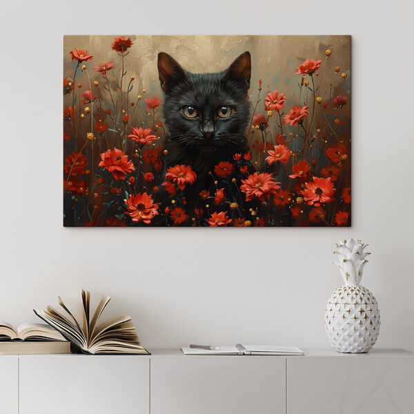Schwarze Katze in einem Feld mit roten Blumen Wandbilder Schwarze Katze in einem Feld mit roten Blumen