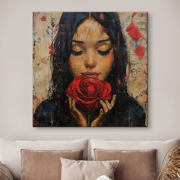 Gemälde einer Frau, die eine rote Rose hält Wandbilder Gemälde einer Frau, die eine rote Rose hält