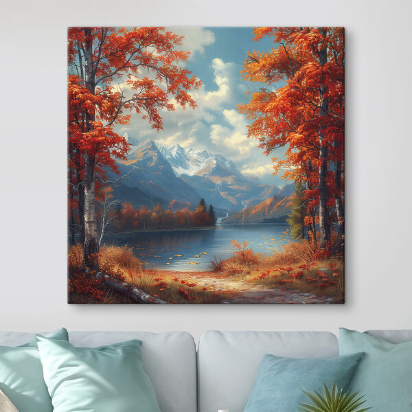 See mit orangefarbenen Blättern und Bergen im Hintergrund Wandbilder See mit orangefarbenen Blättern und Bergen im Hintergrund